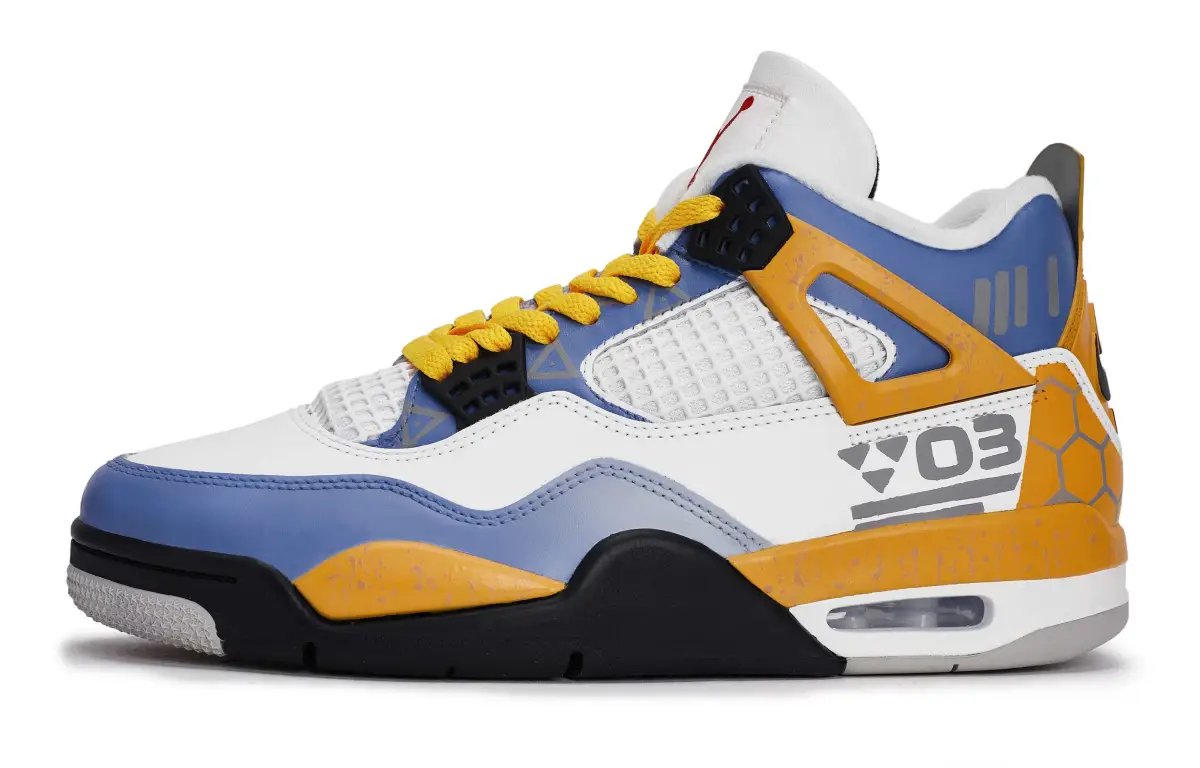 Jordan Air Jordan 4 REGO Hot Dog, Edge Light Trail Cushioning Mid top Vintage Basketball Shoes Men's White Blue Yellow