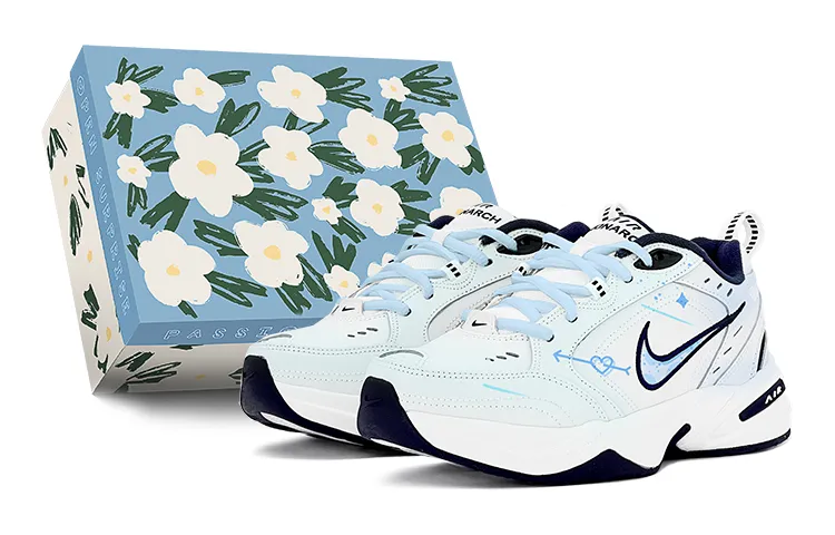 Nike Air Monarch 4 Preppy Style, Blue Camouflage, Cupid Pu Support Low top Chunky Sneakers Unisex Blue White