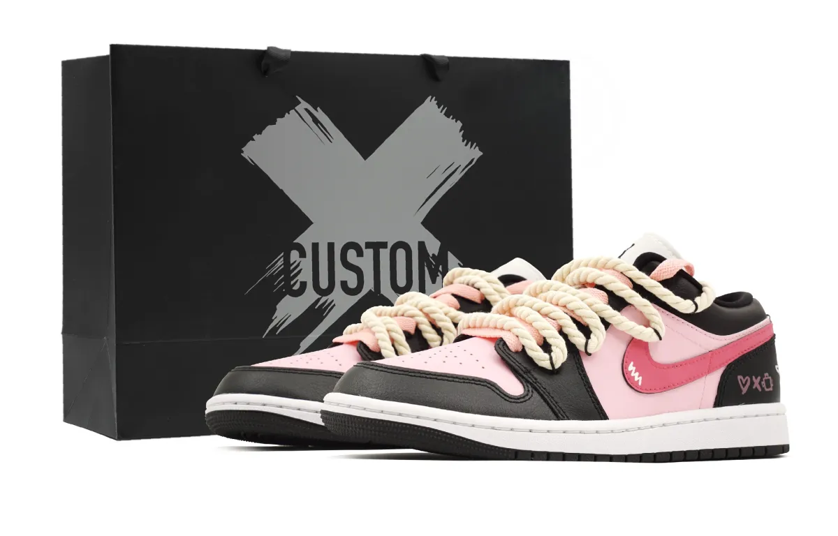 Jordan Air Jordan 1 Powder Puff, Sweet Style, Cyberpunk Leather Low top Vintage Basketball Shoes Women's Black Pink