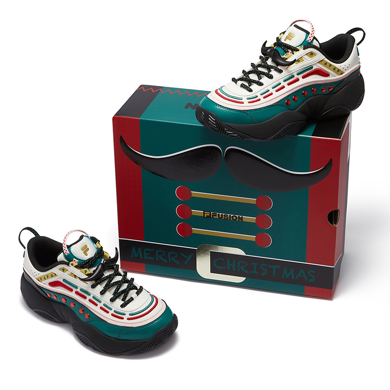 FILA FUSION FIRE XMAS Flame Shoes Versatile Abrasion Resistant Low top Vintage Basketball Shoes Men’s White Green