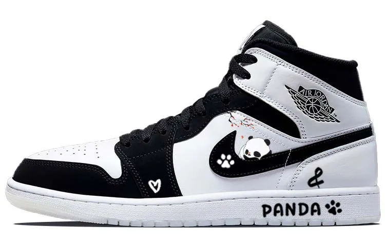 Jordan Air Jordan 1 SE Waxberry Tarepanda, Lazy Panda Comfortable Mid top Vintage Basketball Shoes Men's Black White