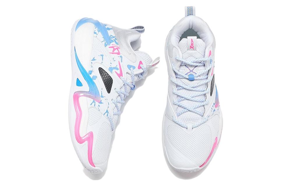 XTEP Fashion Abrasion Resistant Breathable Mid top Basketball Shoes Men’s White Blue