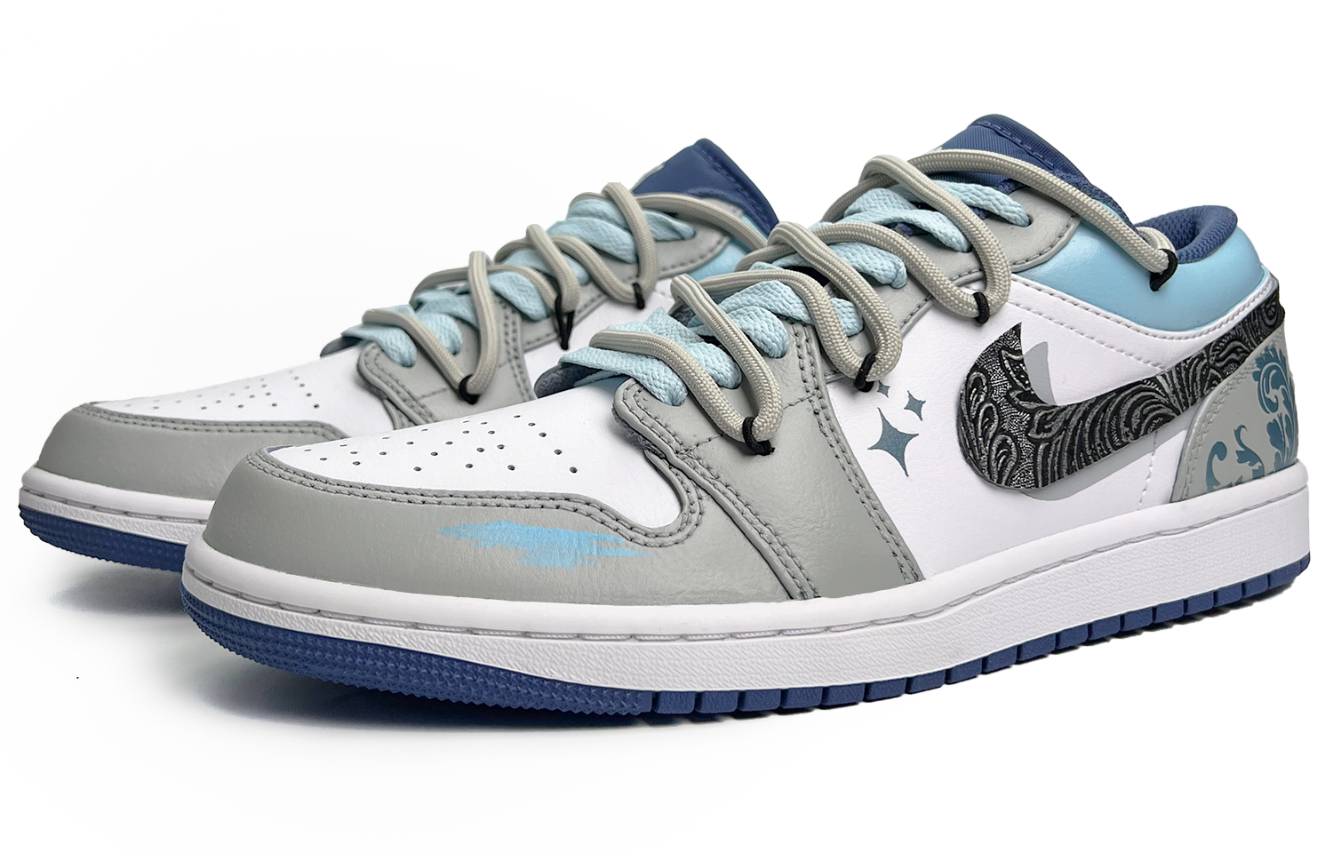 Jordan Air Jordan 1 Floral Starry Slip Resistant Abrasion Resistant Low top Vintage Basketball Shoes Men’s Gray Blue
