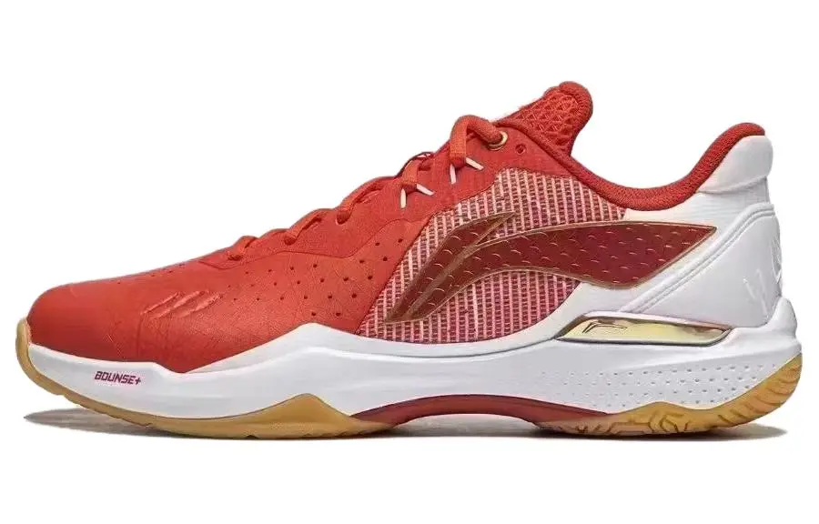 Li Ning Textile, Synthetic Leather Cushioning Slip Resistant Low top Badminton Shoes Unisex Red