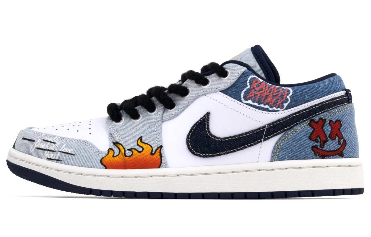 Jordan Air Jordan 1 Slip Resistant Abrasion Resistant Low top Vintage Basketball Shoes Men's White Blue