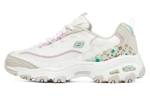 Skechers D'Lites 1.0 Leather, Mesh Lace Up Low top Chunky Sneakers Women's White Gray Pink