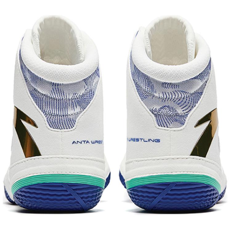 Anta Comfortable Slip Resistant Abrasion Resistant High top Professional Wrestling Shoes Men’s White Black Blue