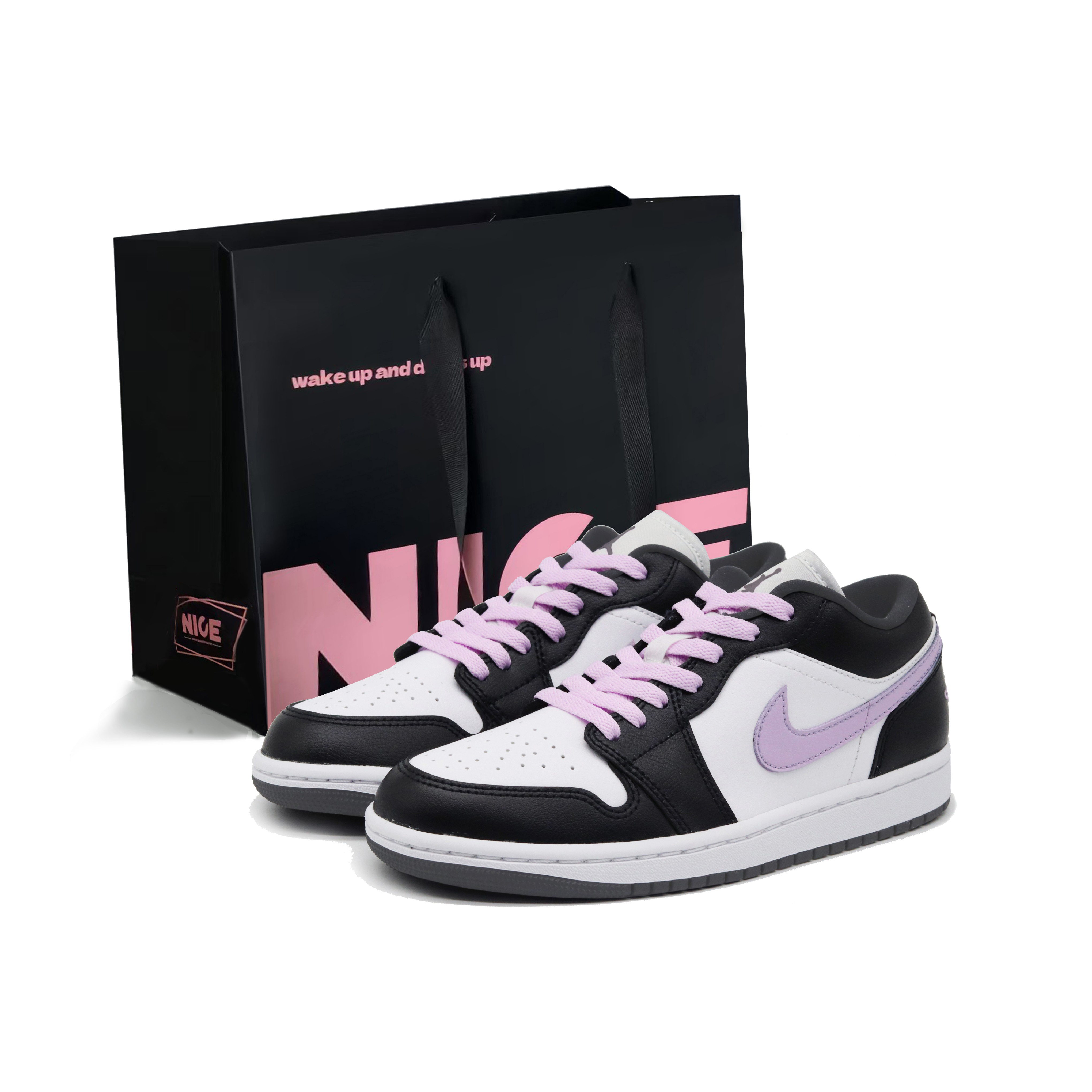 Jordan Air Jordan 1 Black White Hyacinth Purple Leather Slip Resistant, Abrasion Resistant, Breathable Low top