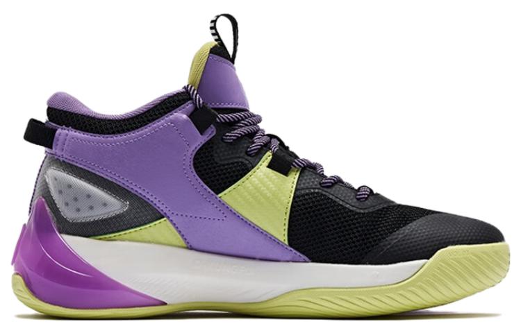 QIAODAN Battle Halberd Cushioning Slip Resistant Abrasion Resistant Mid top Basketball Shoes Men’s Black Cyan Purple