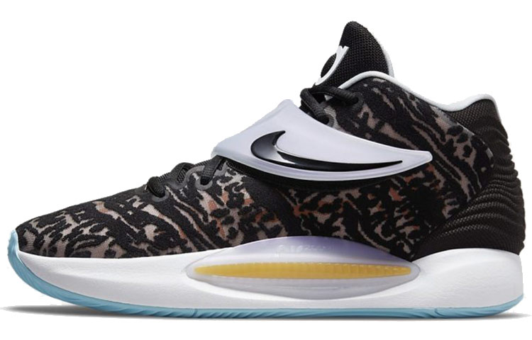 Nike KD 14 Durant 14 round head lace fabric shock-absorbing, anti-slip and wear-resistant, middle-top practical basketball shoes, men's style, black and white, foreign version