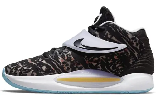 Nike KD 14 Durant 14 round head lace fabric shock-absorbing, anti-slip and wear-resistant, middle-top practical basketball shoes, men's style, black and white, foreign version