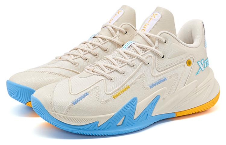 XTEP Reverse Generation Cushioning Slip Resistant Abrasion Resistant Low top Basketball Shoes Men’s White Blue Yellow