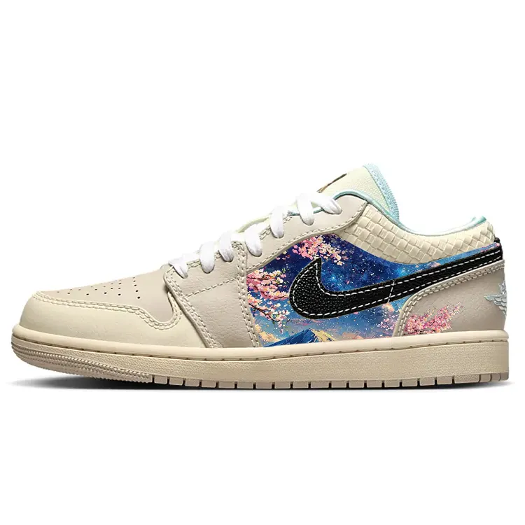 Jordan Air Jordan 1 Slip Resistant Abrasion Resistant Low top Vintage Basketball Shoes Women's Beige Blue Black