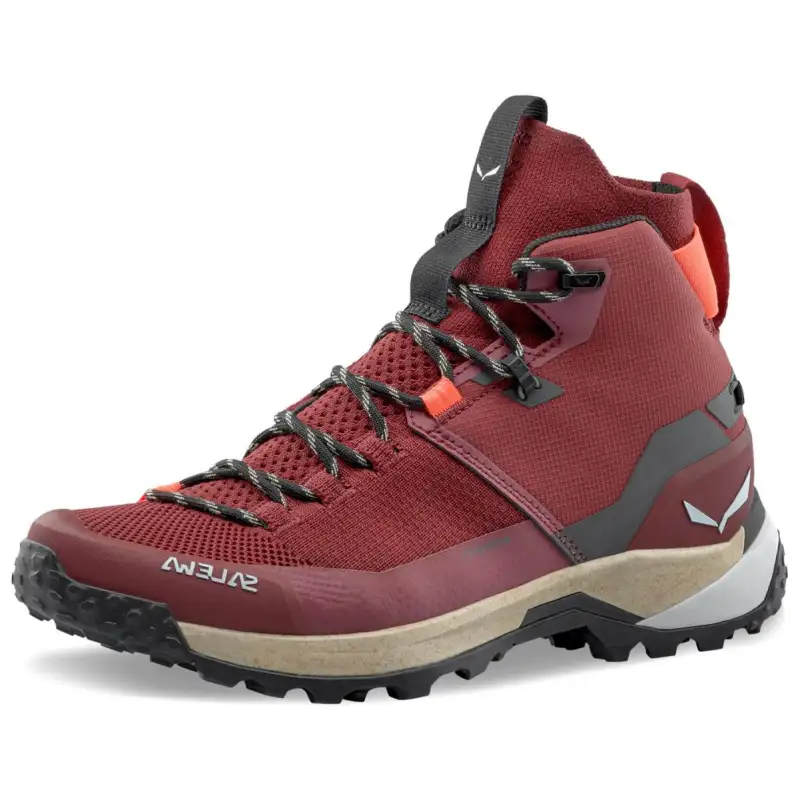 SALEWA Cushioning Slip Resistant Abrasion Resistant Waterproof Mid top Hiking Shoes Women's Burgundy