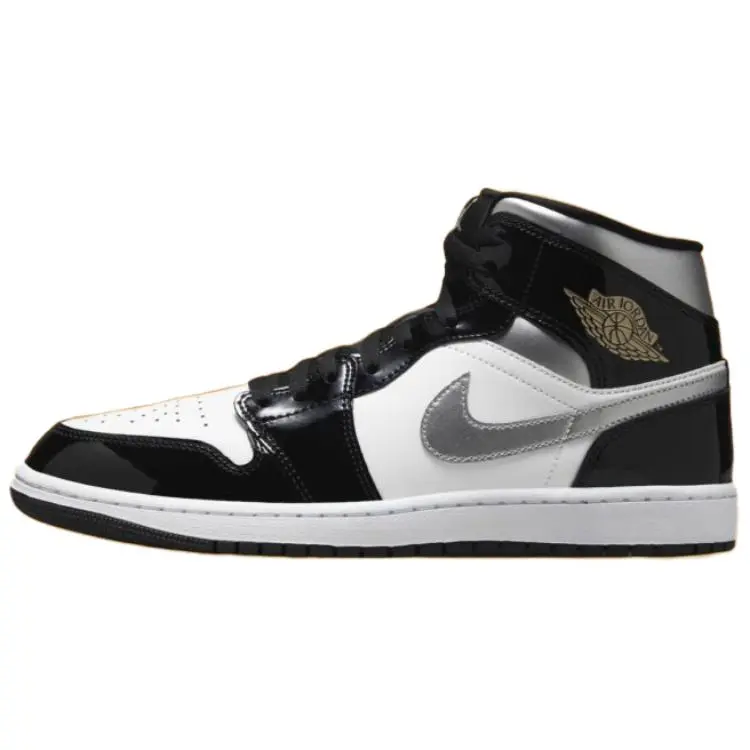 Jordan 1 Mid Se Patent Black White Metallic Silver Metallic Gold