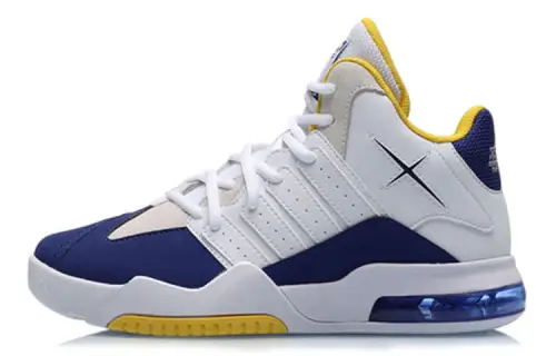 Li Ning Synthetic Leather Slip Resistant And Breathable Mid top Vintage Basketball Shoes Women's White Blue Yellow