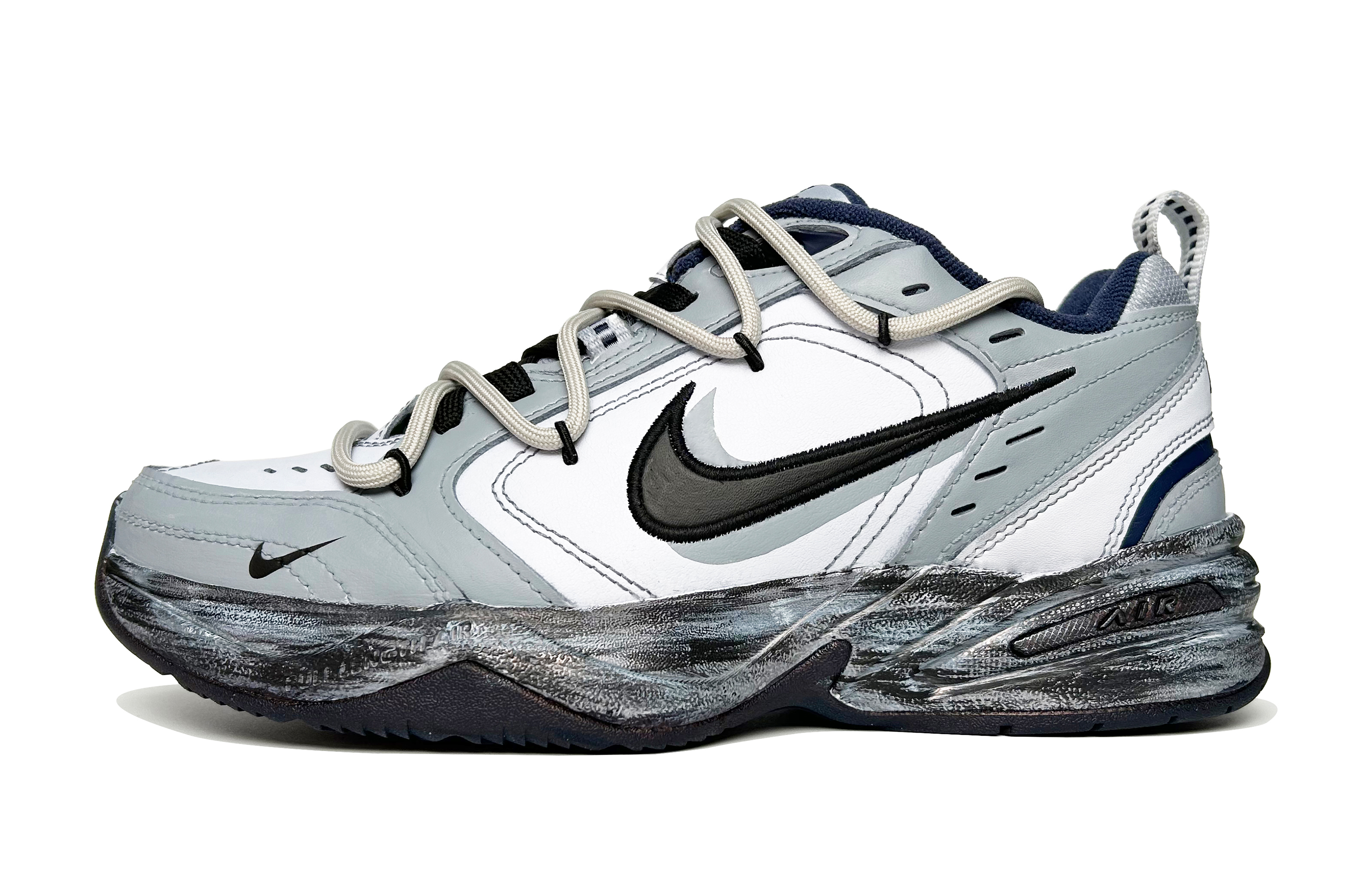 Nike Air Monarch 4 White Navy Synthetic Leather, Artificial Leather Slip Resistant Abrasion Resistant Low top