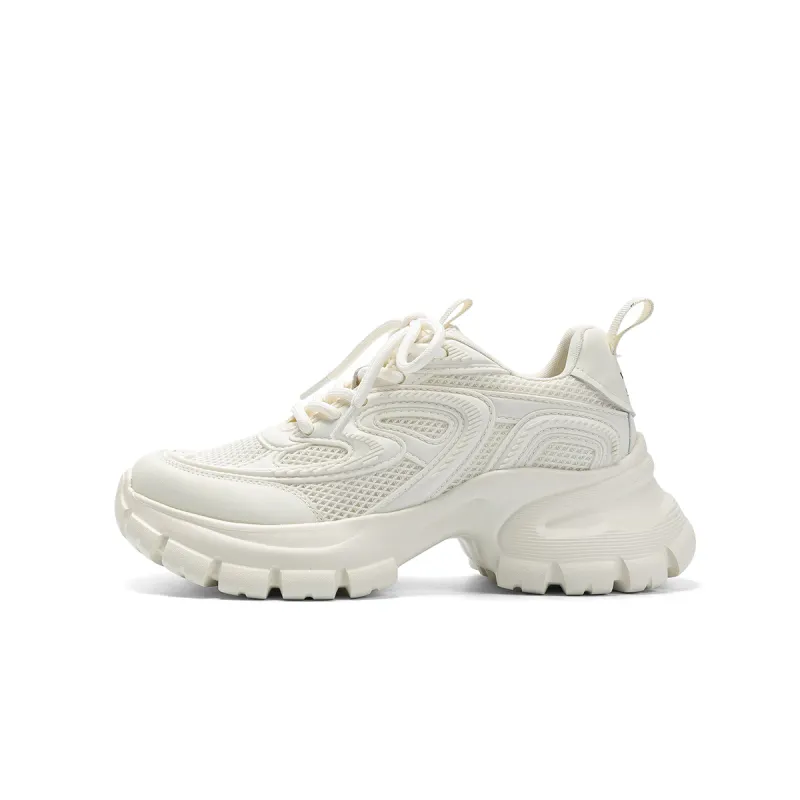 JEEP SPIRIT Mesh, Textile, Synthetic Leather Breathable Height Increasing Low top Chunky Sneakers Women's Beige