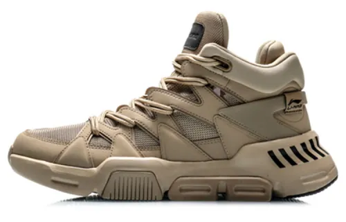 Li Ning Slip Resistant And Breathable Mid top Vintage Basketball Shoes Men's Incense Apricot