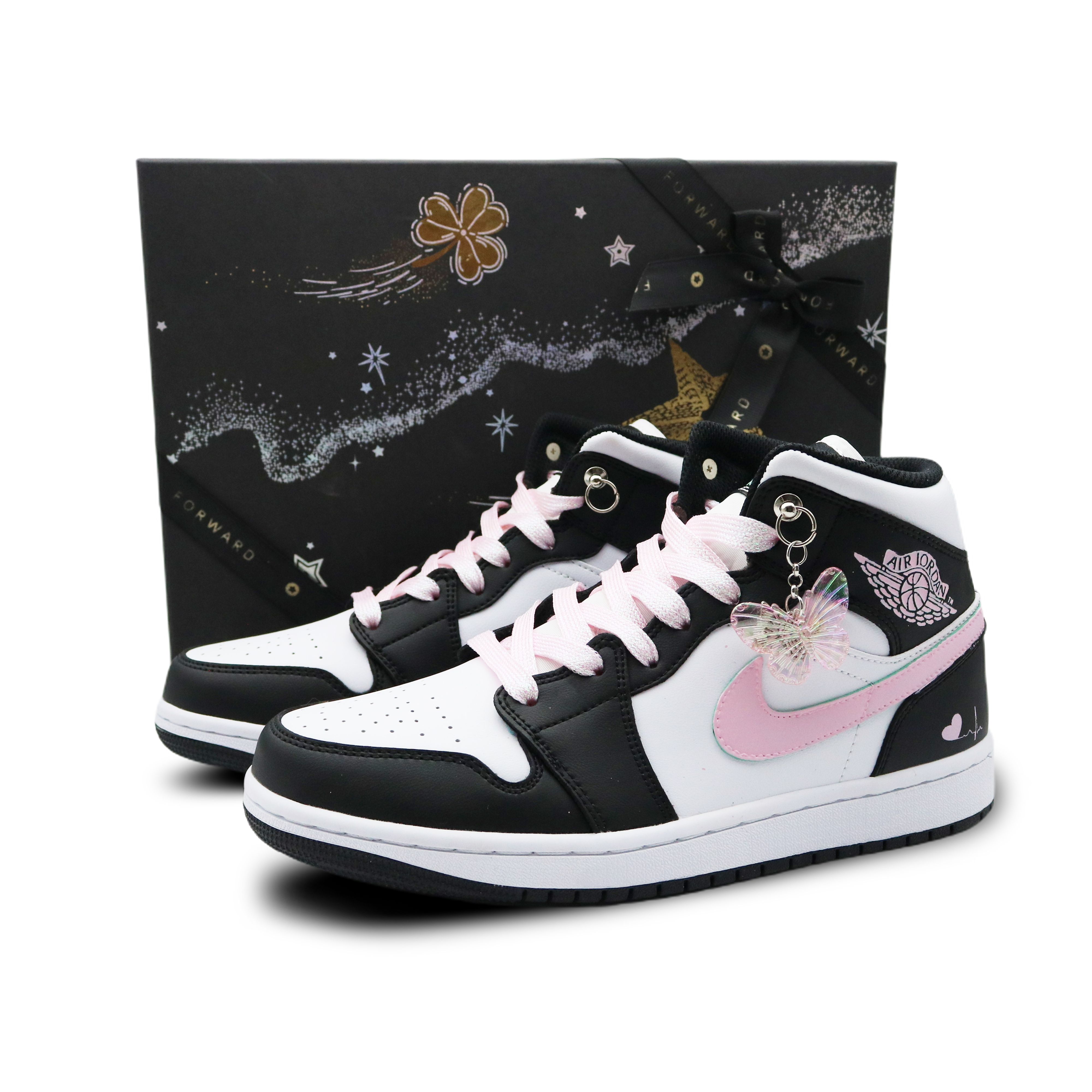 Jordan Air Jordan 1 Leather Cushioning, Wear Resistant High top Vintage Basketball Shoes Women’s Black Pink White