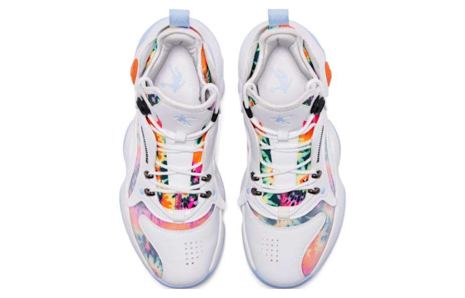 QIAODAN Cushioning Slip Resistant Abrasion Resistant High top Basketball Shoes Men’s White Blue Orange