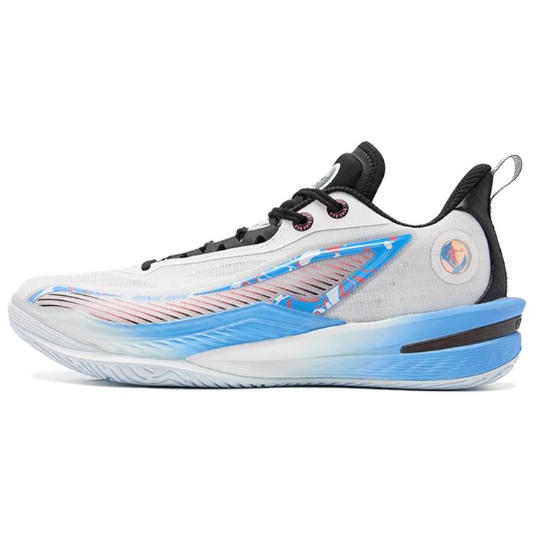 QIAODAN Wind Blade 5 Cushioning Slip Resistant Breathable Low top Basketball Shoes Men’s White Black Blue