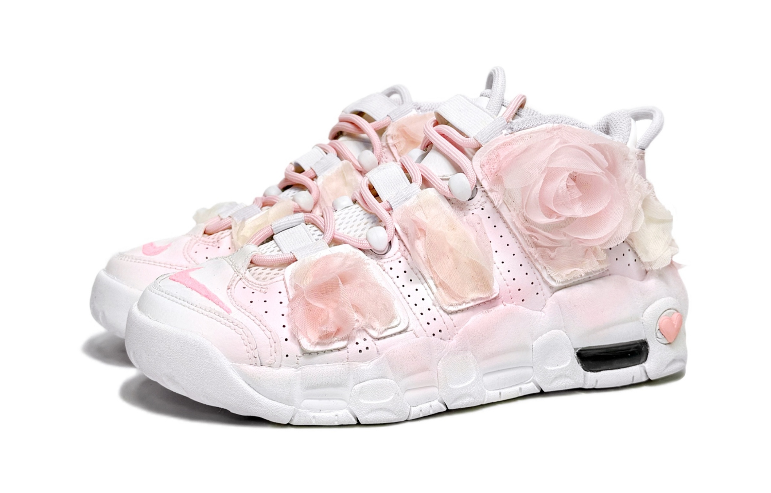 Nike Air More Uptempo Pure White Bridal, Lolita Cushioning Mid top Basketball Shoes Women’s White Pink