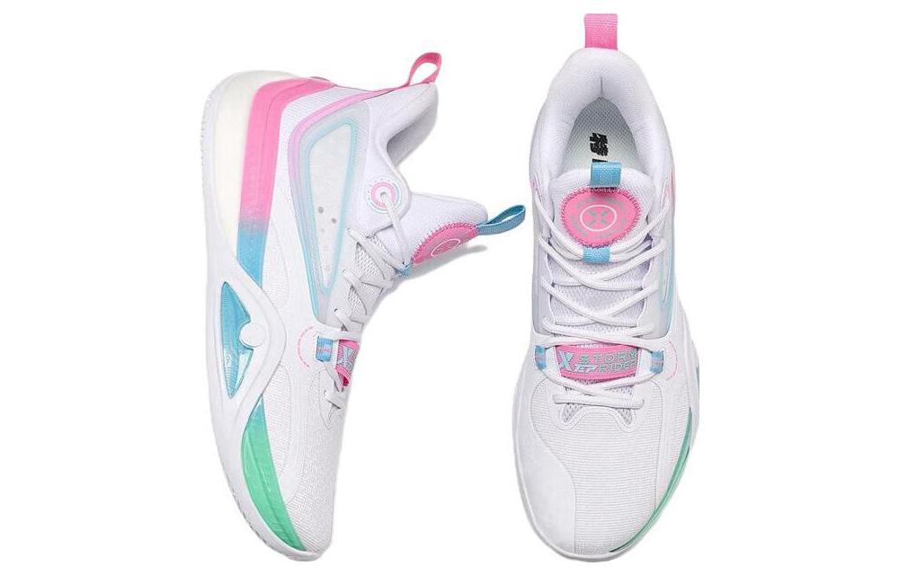XTEP Fabric Cushioning Slip Resistant Abrasion Resistant Mid top Basketball Shoes Men’s White Blue Pink