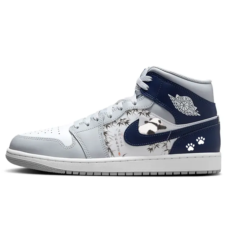 Jordan Air Jordan 1 Cushioning Slip Resistant Breathable Mid top Vintage Basketball Shoes Men's Gray White Blue