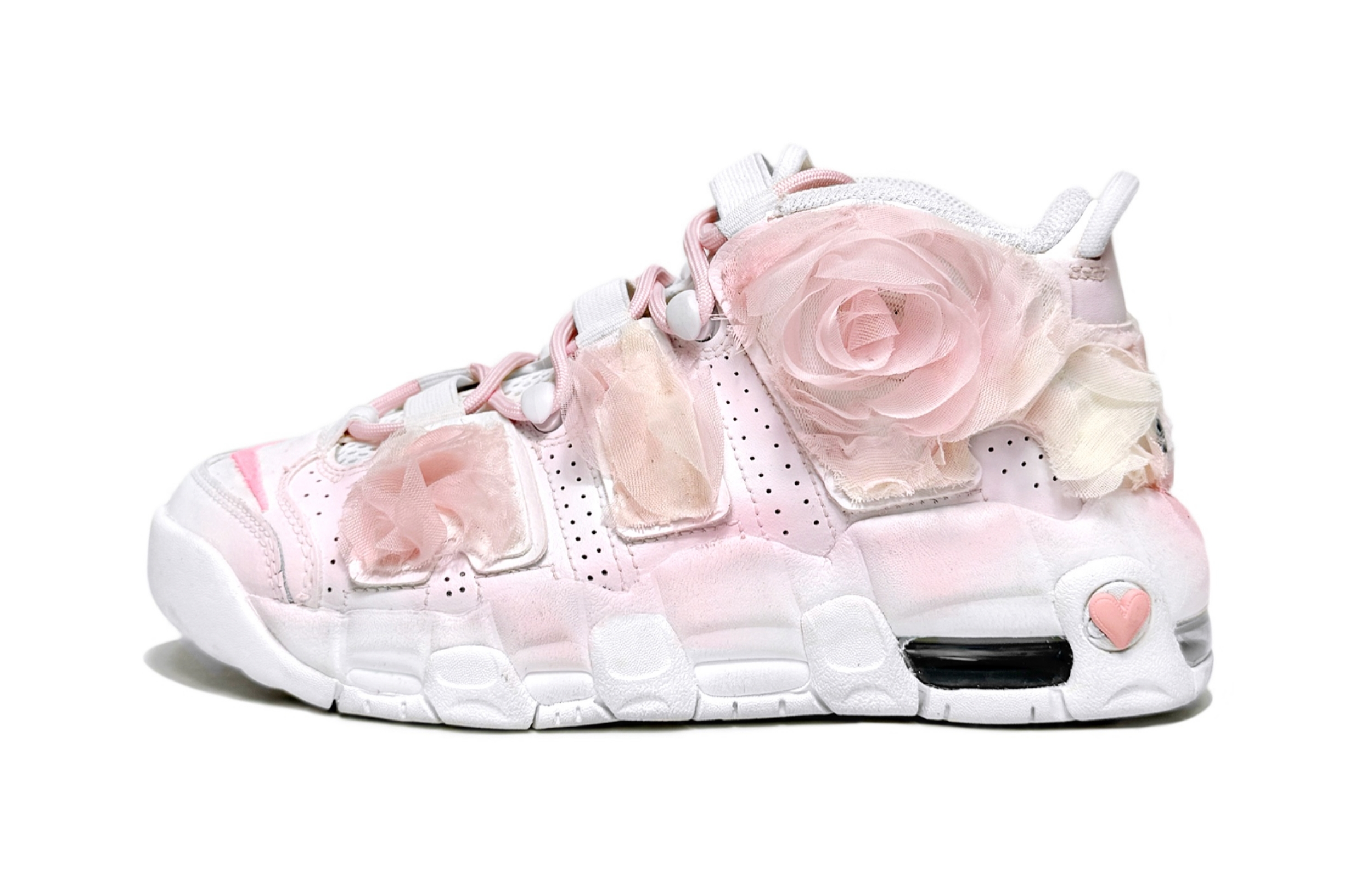 Nike Air More Uptempo Pure White Bridal, Lolita Cushioning Mid top Basketball Shoes Women’s White Pink