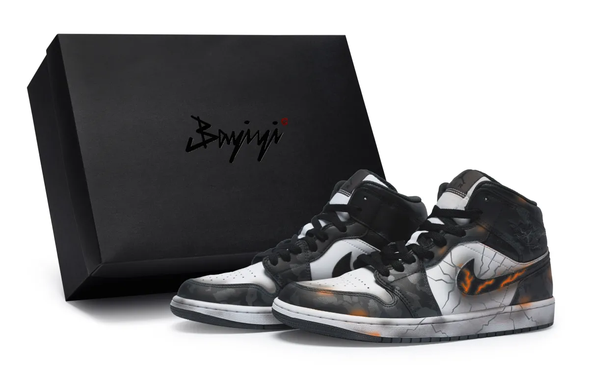 Jordan Air Jordan 1 Made In 811, Rift Scarf, Special Shoebox Mid top Vintage Basketball Shoes Men's Black Gray Orange
