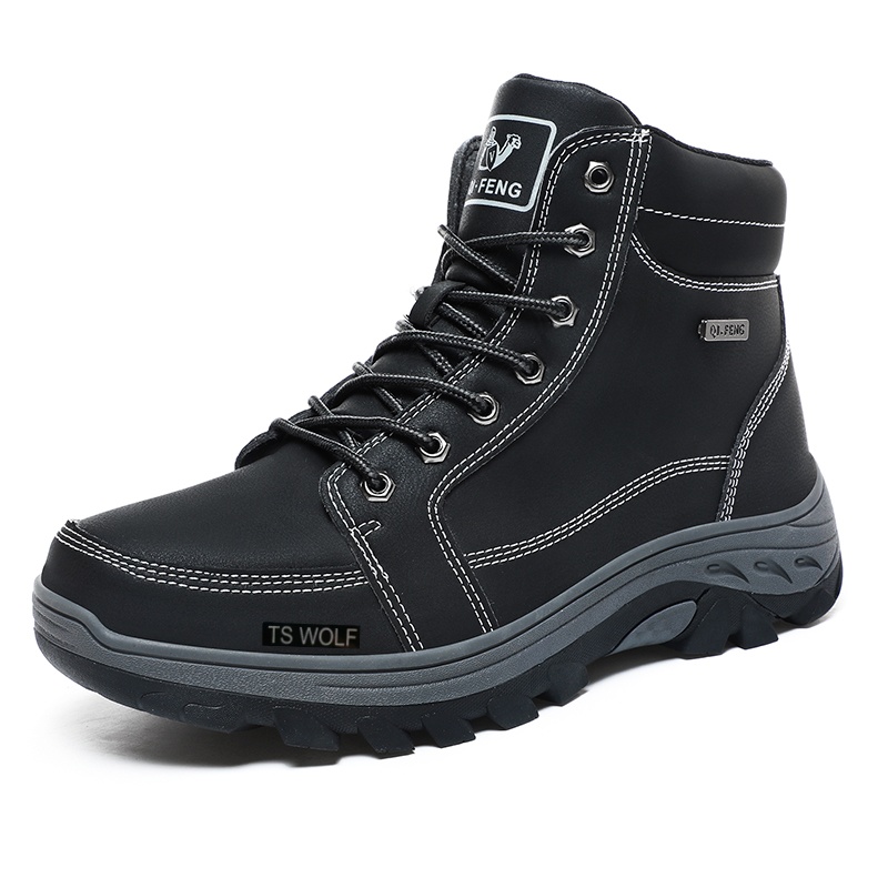 Detective Wolf fashionable and versatile PU leather rhubarb boots series shock-absorbing, wear-resistant, lightweight and non-slip rubber outsole cross-country running outdoor high-top sports shoes / hiking shoes / hiking shoes same style for men and women black