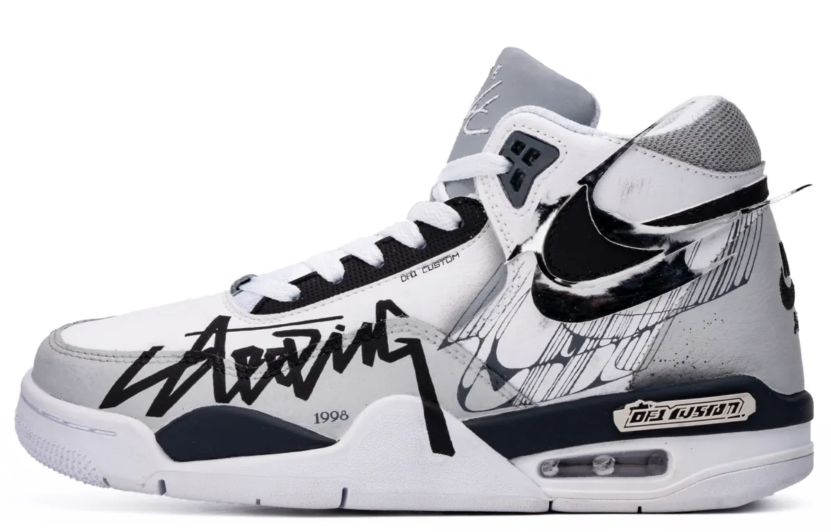 Nike Flight Legacy ADCDAVINCI Custom, Silver Wing Mid top Vintage Basketball Shoes Unisex Silver Gray White