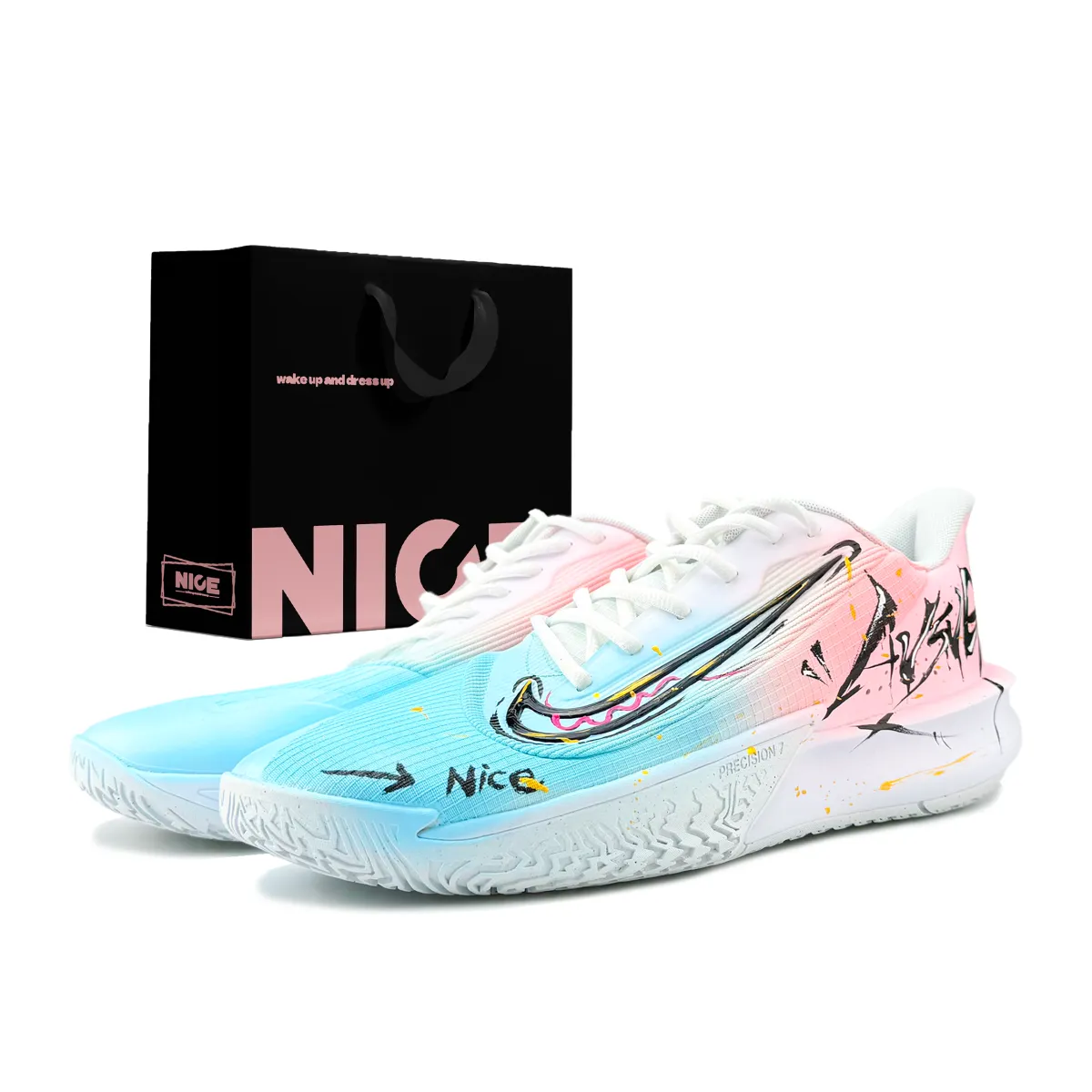 Nike Precision 7 Cushioning Abrasion Resistant Cushioning, Wear Resistant Low top Basketball Shoes Men's Pink Blue