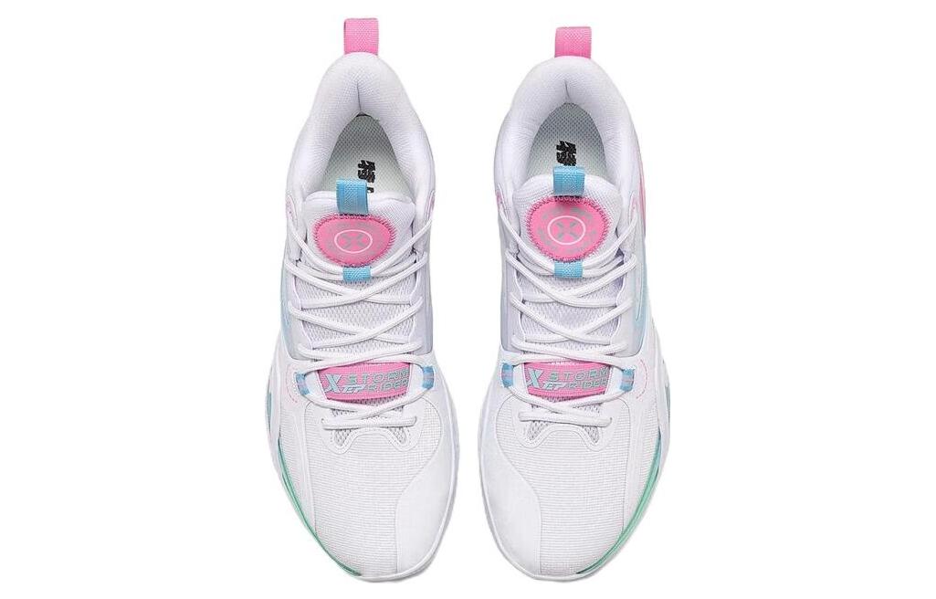 XTEP Fabric Cushioning Slip Resistant Abrasion Resistant Mid top Basketball Shoes Men’s White Blue Pink