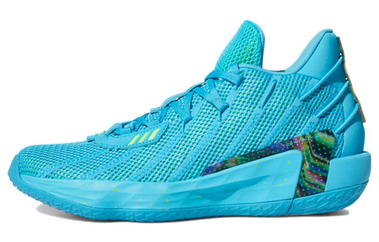 Adidas D lillard 7 Jam Fest round toe lace-up fabric synthetic leather TPU shock-absorbing anti-slip wear-resistant breathable wrapping support mid-top basketball shoes men's blue