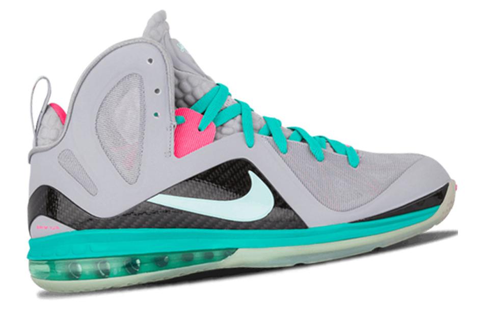Мужские кроссовки Nike Lebron 9 Elite PS Elite "South Beach" (серые с розовым) — 狼灰/薄荷/绿/粉红闪 — фото 2