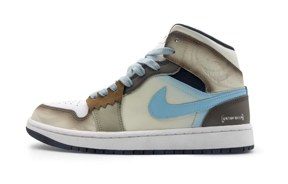 Jordan Air Jordan 1 Slip Resistant Mid top Vintage Basketball Shoes Men's Brown Blue