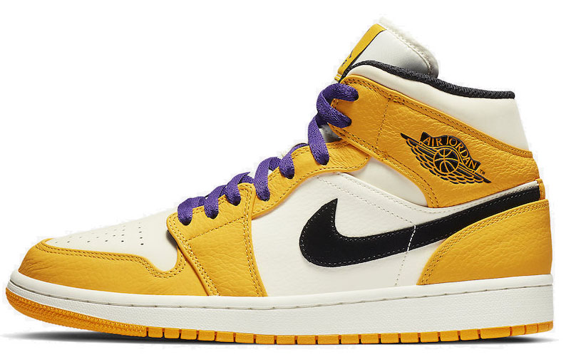 Jordan Air Jordan 1 Mid \"Lakers\" Lakers OG model cool versatile mid-top retro basketball shoes men's purple yellow