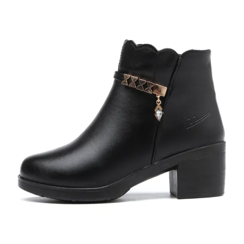 Warrior mid-heeled short boots, soft soles, comfortable and versatile leather shoes, winter velvet cold-proof casual shoes, warm and high-wearing, waterproof and non-slip, thickened winter women's shoes, black cotton boots, autumn and winter flat snow boots for women