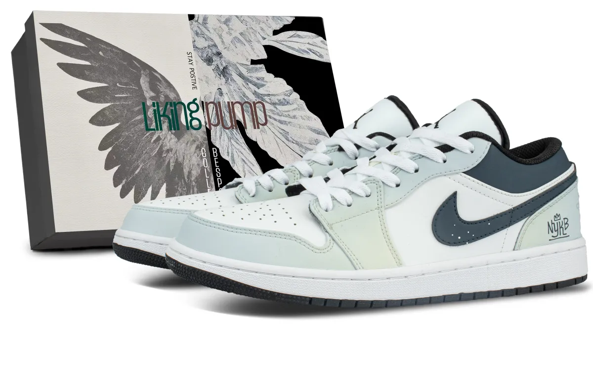 Jordan Air Jordan 1 Synthetic Leather Abrasion Resistant Low top Vintage Basketball Shoes Unisex White Green Blue