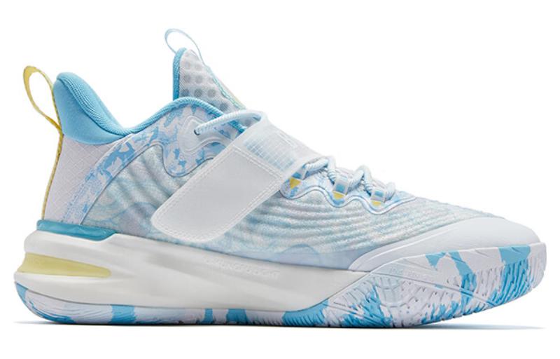 QIAODAN Ice Blade Wave Cushioning Abrasion Resistant Breathable Mid top Basketball Shoes Men’s White Blue