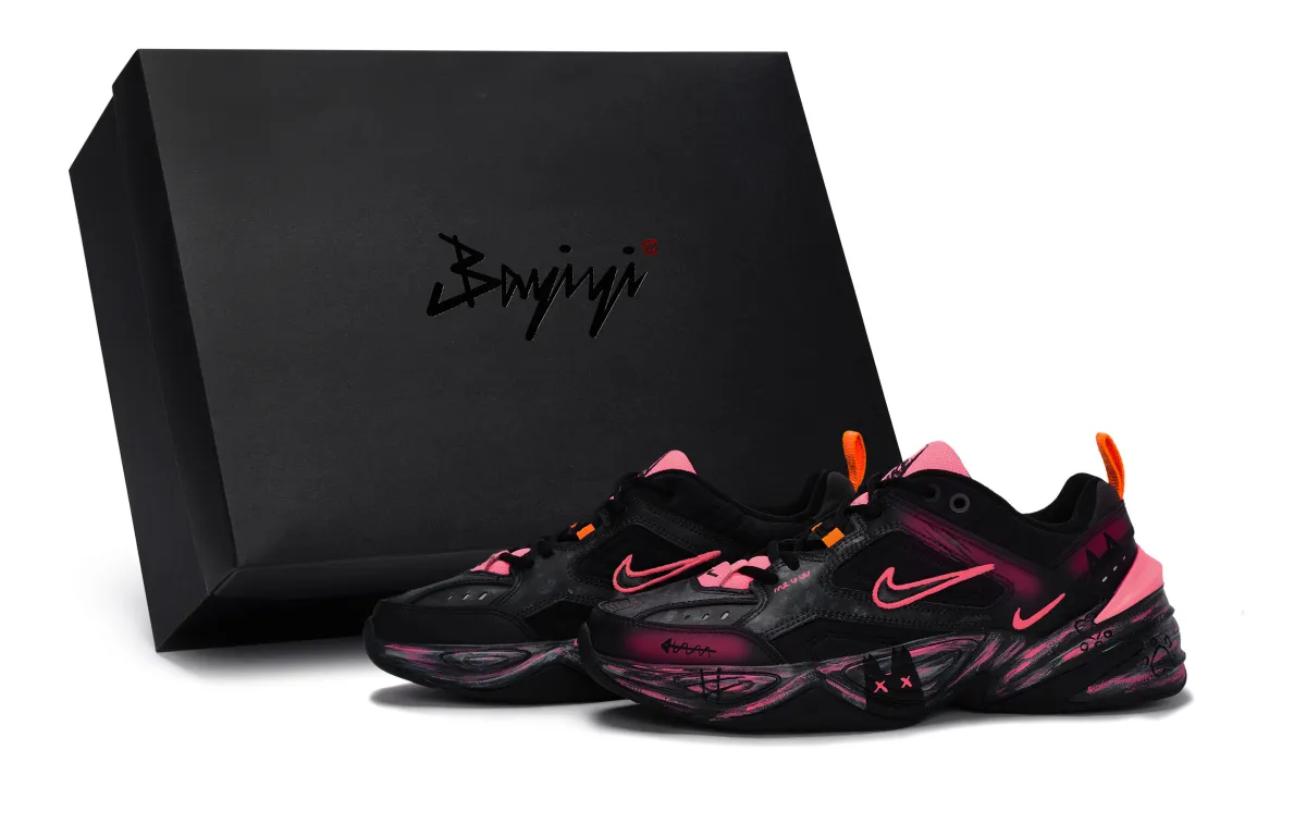 Nike M2K Tekno Chunky Sneakers Unisex Low Top Black Rose Red