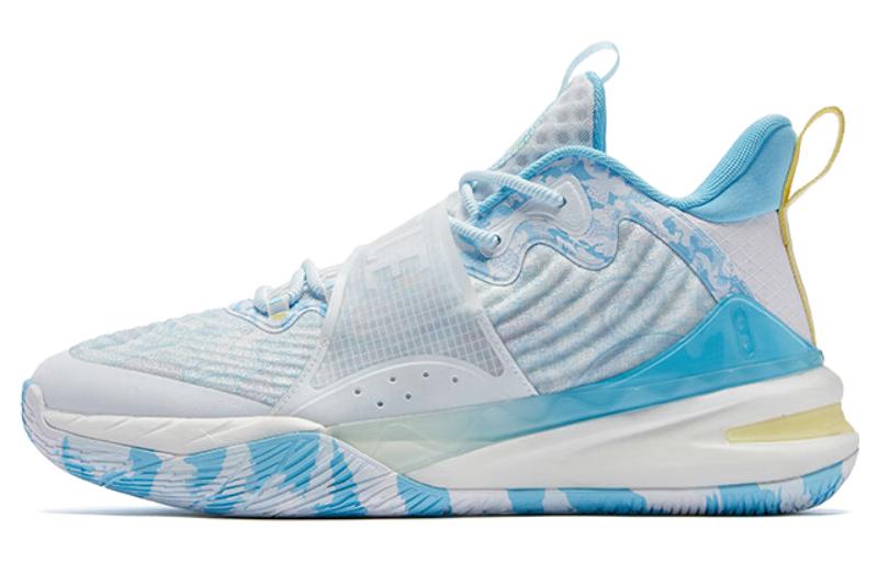 QIAODAN Ice Blade Wave Cushioning Abrasion Resistant Breathable Mid top Basketball Shoes Men’s White Blue
