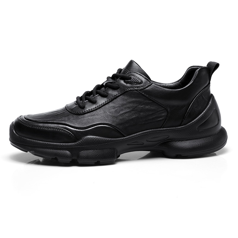 Qiangren 3515 sports genuine leather business shoes thick sole trendy high-end casual leather shoes men's black