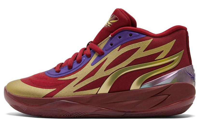 PUMA Puma MB.02 LaMelo Ball II \"Phoenix\" round toe lace-up fabric shock-absorbing, non-slip and wear-resistant mid-top practical basketball shoes men's gold red limited to China