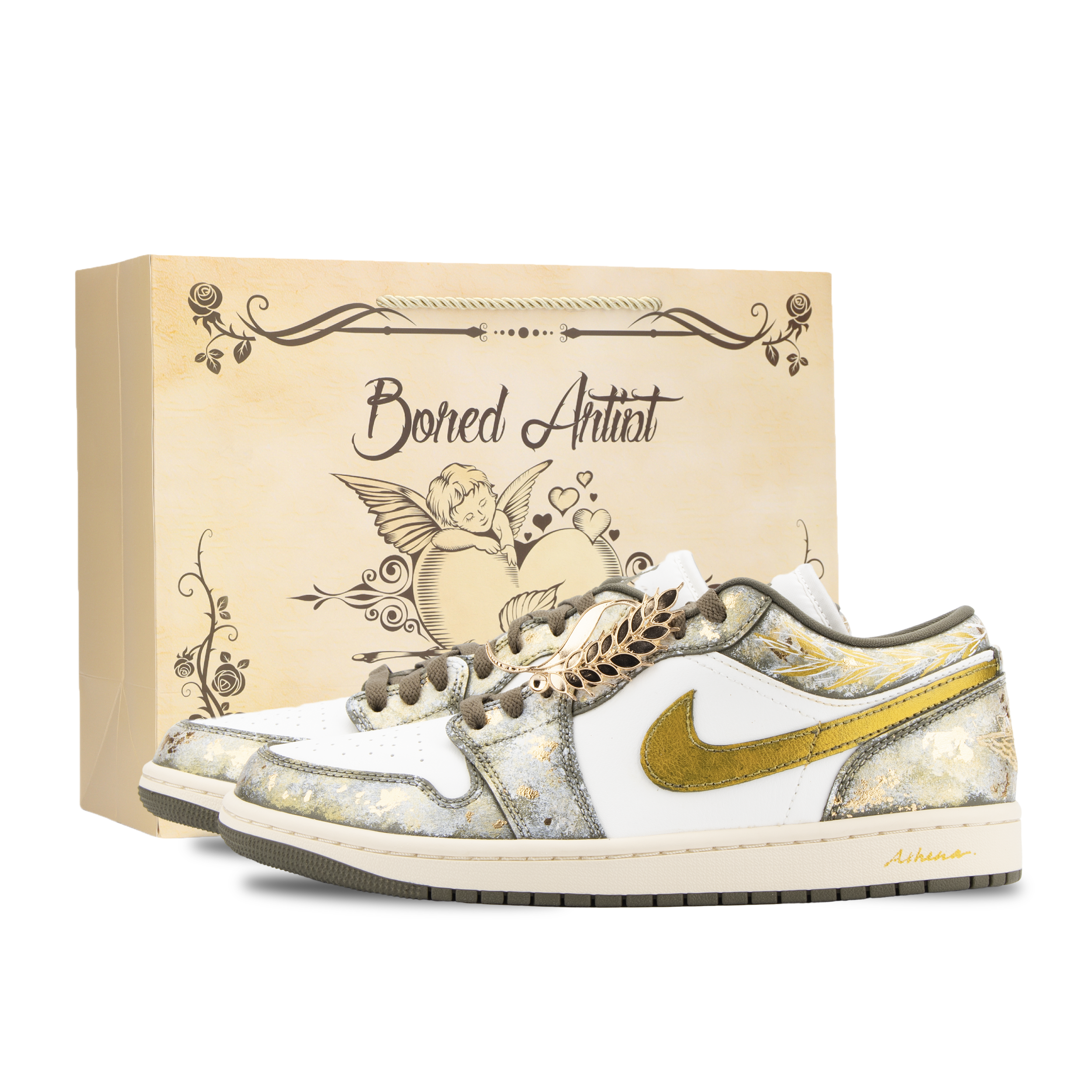 Jordan Air Jordan 1 Athena Abrasion Resistant Low top Vintage Basketball Shoes Unisex White Green Gold
