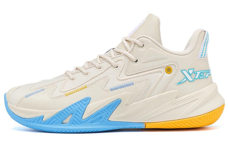 XTEP Reverse Generation Cushioning Slip Resistant Abrasion Resistant Low top Basketball Shoes Men’s White Blue Yellow