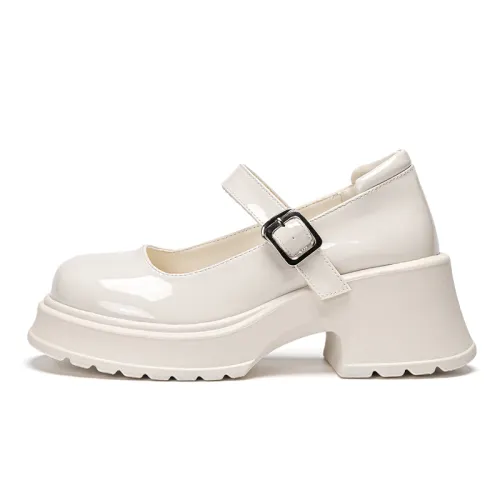 Warrior, student college style, versatile, high-heeled French jk shoes with skirt, small leather shoes, thick heel, Mary Jane shoes, 6CM, women's style, off-white
