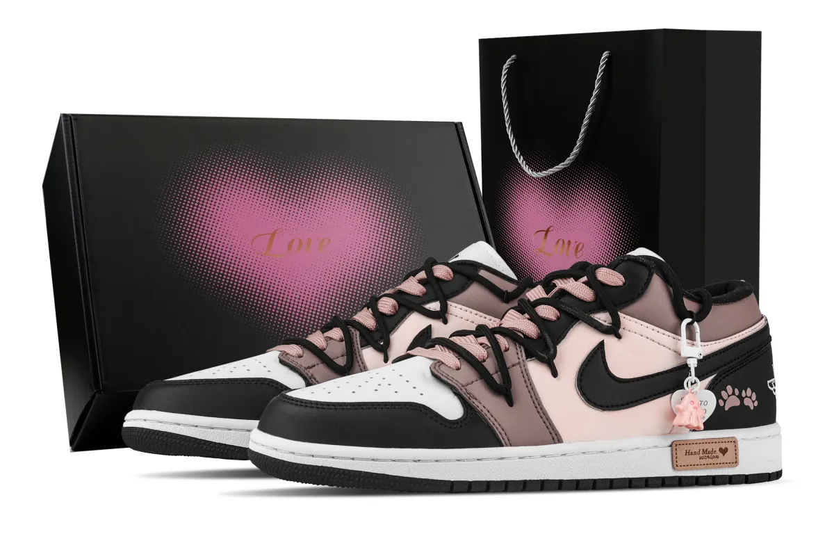 Jordan Air Jordan 1 Dense Cat Paw Low top Vintage Basketball Shoes Unisex Black White Pink